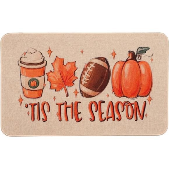 Fall Welcome Door Mat Pumpkin Doormats Non-Slip Football Rubber Rugs 17 x27 Inch - Picture 1 of 7